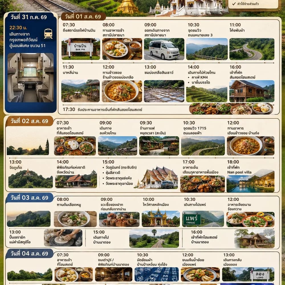 🚂🌾 ทริปน่าน–แพร่ 5 วัน 4 คืน  นอนแพร่ 2 คืน • นอนน่าน 2 คืน