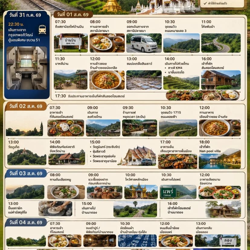  ทริปน่าน–แพร่ 5 วัน 4 คืน  นอนแพร่ 2 คืน • นอนน่าน 2 คืน  เดินทางโดยรถไฟตู้นอนพิเศษ ไป–กลับ สะดวกสบาย ดูแลตลอดทริปแบบครอบครัว - 1